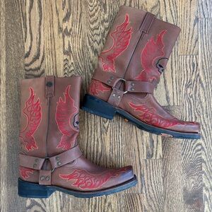 HARLEY DAVIDSON SLAYTON EMBROIDERED FLAMES SKULL LEATHER MOTO WORK BOOTS SIZE 13